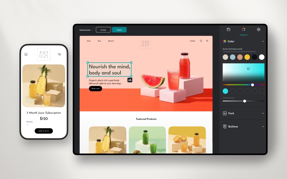 GoDaddy website builder dashboard displaying both desktop and mobile views of a page, with settings to edit text, change fonts, adjust colors, and modify button styles.