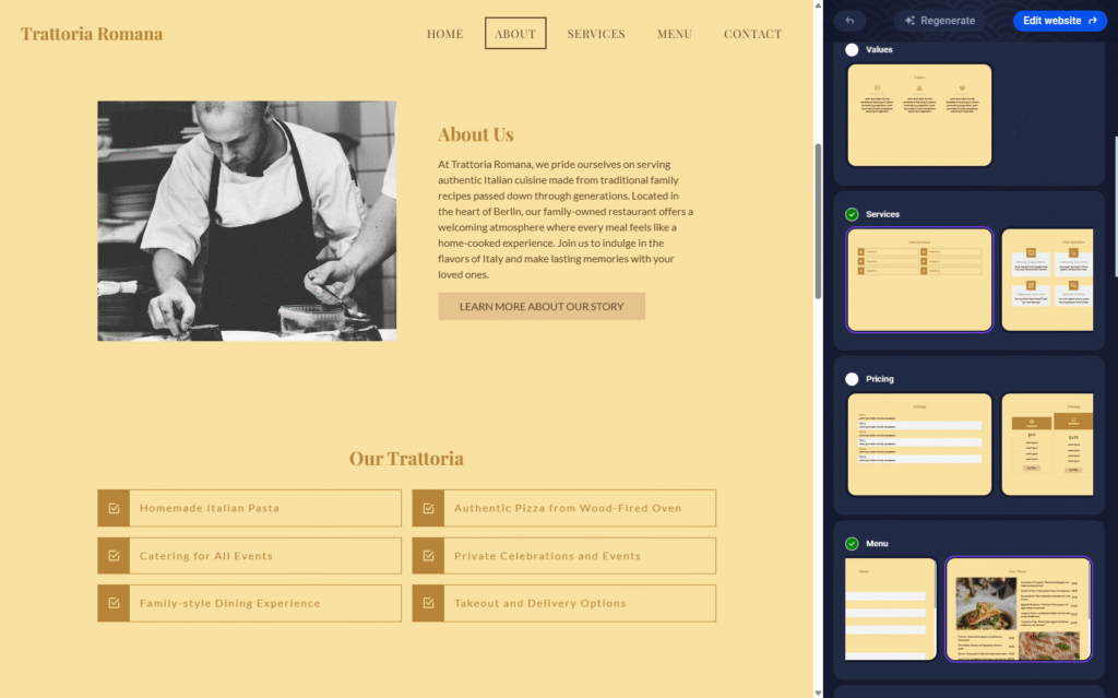 site ai website generator about page