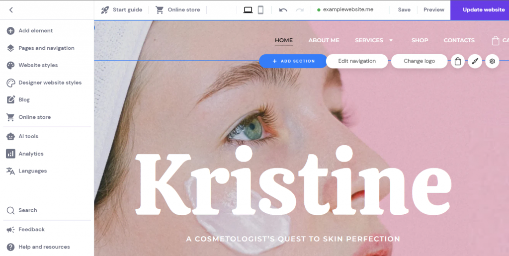 Hostinger dashboard showing the header settings panel with options to add a new section, edit navigation, and upload or change the website logo.