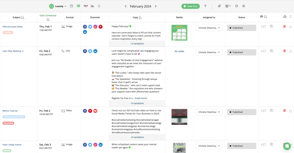 Loomly's social media content calendar, showing scheduled posts with details such as date, time, format, channels, copy, media, assigned to, and status.