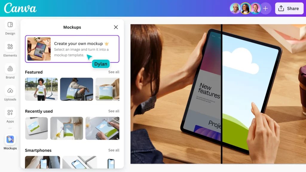 Canva's dashboard with the mockup creation tool open. On the left side, there is a sidebar with options such as Design, Elements, Brand, Uploads, Apps, and Mockups.