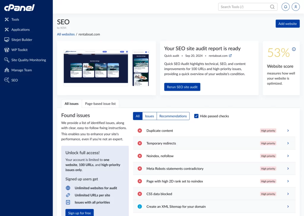 cPanel interface showing SEO tools and an SEO audit report with a 53% website score and issues like duplicate content.