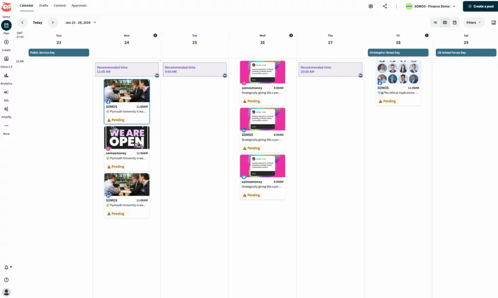 Hootsuite content calendar view from June 23 to June 27, showing scheduled social media posts.