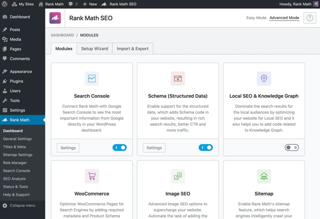 Rank Math SEO dashboard showing modules like Search Console, Schema, Local SEO, WooCommerce, Image SEO, and Sitemap with their settings options.