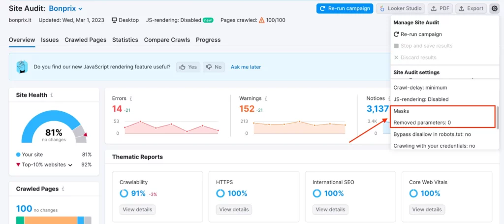 SEMrush dashboard showing a site audit for Bonprix with a Site Health score of 81%, 15 errors, and 3 warnings. It includes thematic reports on crawlability, HTTPS, internal linking, and Core Web Vitals.