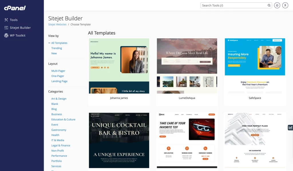 The cPanel interface for Sitejet Builder showing various website templates with preview images and titles.